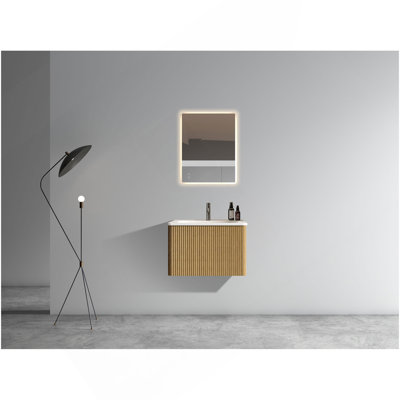 Meuble-lavabo flottant rayé en chêne noir brossé de 30 po avec lavabo en céramique blanche, meuble-lavabo pour salle de bain moderne, lavabo une pièce sans drain, pré-assemblé
