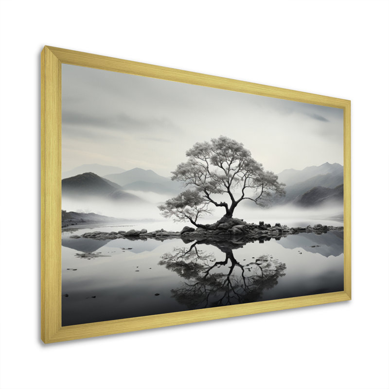 Arbre harmonie encre monochrome II - décoration murale florale, Encadrement doré, H 12 po x l 20 po x P 1 po