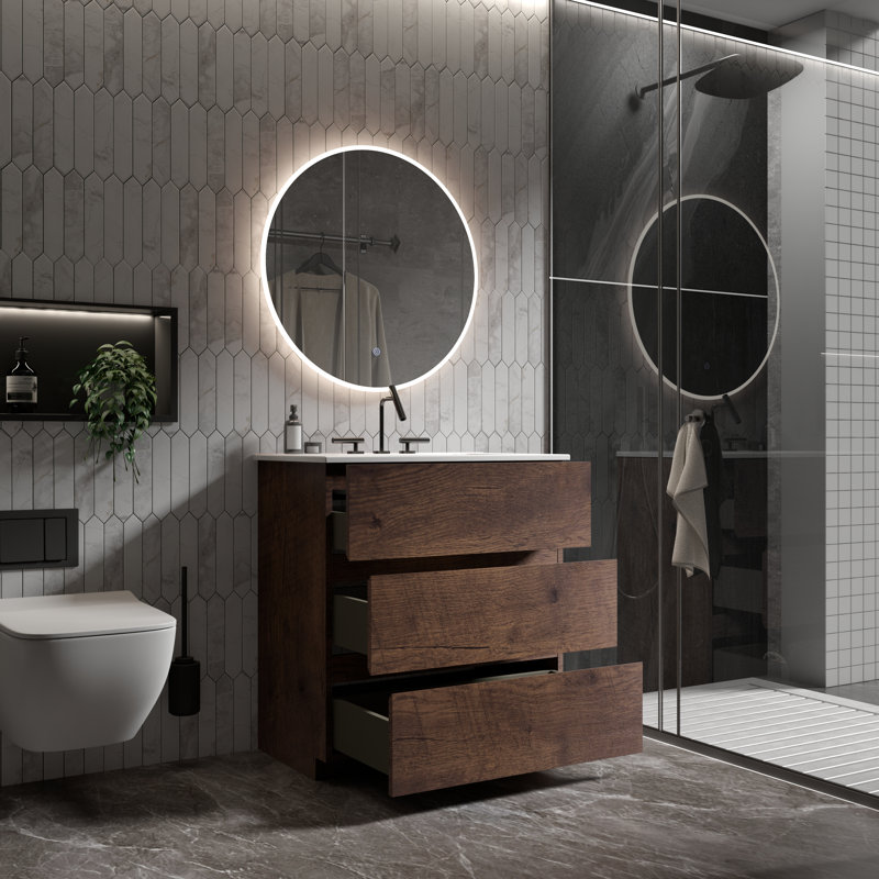 Derrance Single Bathroom Vanity with Ceramic Top, Brown, 30"