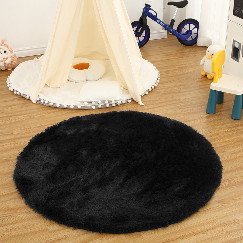 Black Washable Shag Area Rugs Non-Slip Fluffy Shag Plush Fuzzy Shaggy Rug for Living Room, Bedroom, Home Decor, Round 4'
