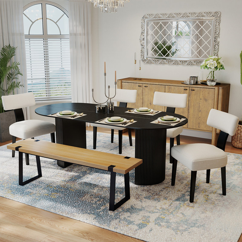 Ensemble de table de salle à manger 6 pièces en bois massif rustique avec chaise et banc, 6 pièces: table, banc, 4 chaises
