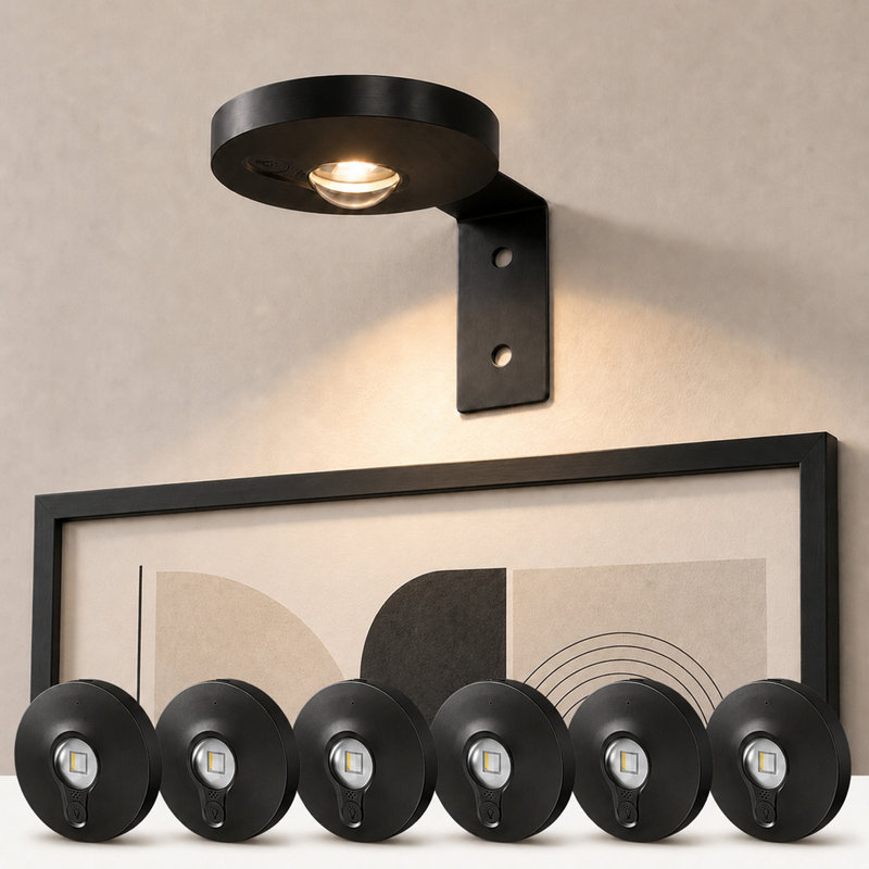 6-Pack Mini Round Rechargeable Accent Light – 0.6W, Remote Dimming, Timer (Matte Black)