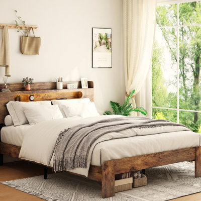 Dark Brown Wood Platform Bed Frame In King Size With Storage Headboard And 2 , Led Lights, Quiet Sleep, No Box Spring, Easy Setup, Spacious Under Compartment Noise - Simple Large Area