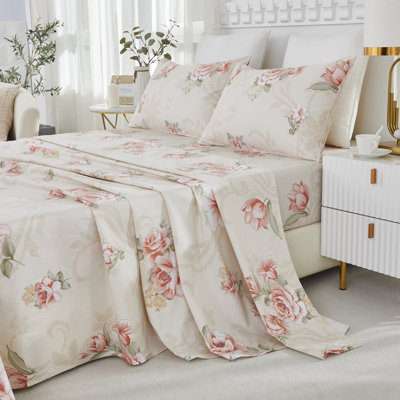100% Egyptian Cotton Fitted Sheet Set,4pcs 800 Thread Count  Luxury Vintage Botanical Floral Bedding Set, For Bedroom Guest Room Student Dorm All Seasons