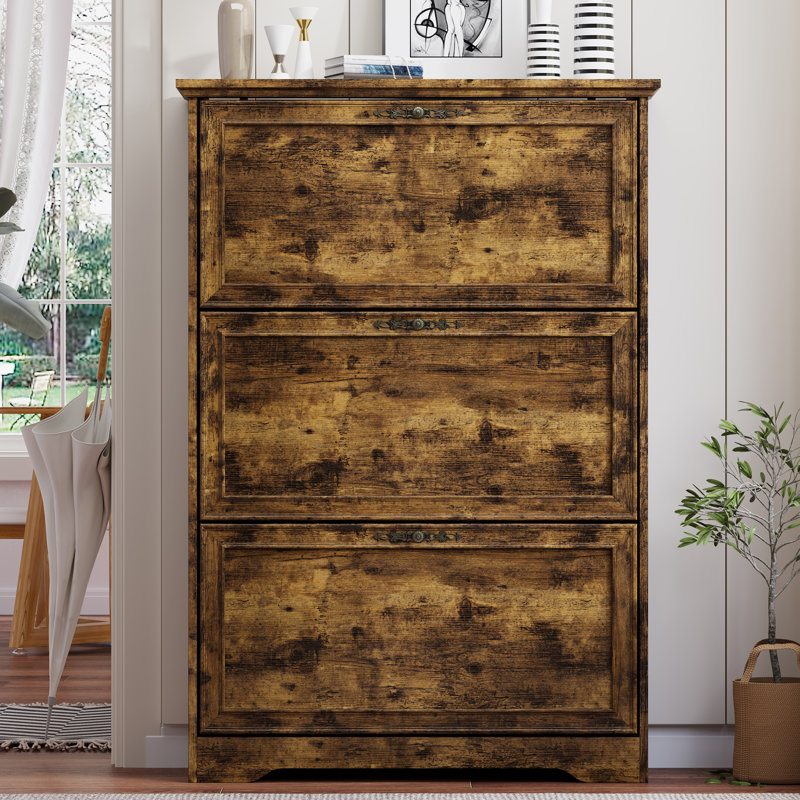 3-Tier Flip Drawer Shoe Cabinet Palace Style, 31.5" Wide Entryway Storage Tower Holds 24 Pairs, Freestanding Hallway Organizer with Adjustable/Removable Shelves, Anti-Tip