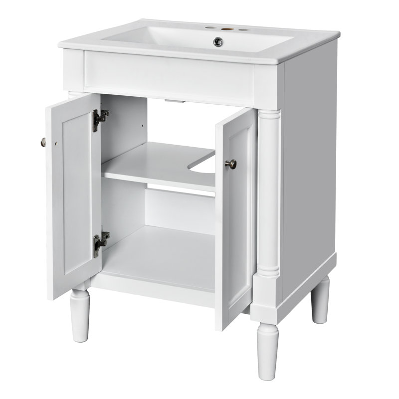 Lavabo de salle de bain 24 po. Moderne. Bois massif. Lavabo en céramique. Blanc. Vaste espace de rangement. Poignée en métal exquise. Portes. Robinet de 4 po à ajustement moderne avec évier. Cadre. Planches. Espace de rangement. Portes