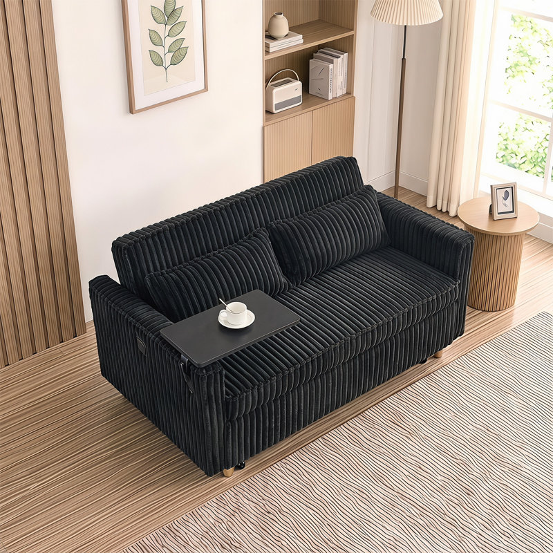 Pull-out Sofa with a Movable Tabletop and USB Ports, Black