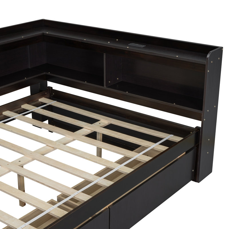 L-shaped Bookcases Bed with Two Drawers, Full, Espresso