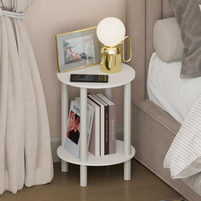 Furinno TURN-N-TUBE Night Stand, 2-Tier Round Tall Narrow Nightstand, Toolless Assembly End Table with Open Shelf, Side Table, Bedside Table, for Bedroom, Closet, Living Room, White