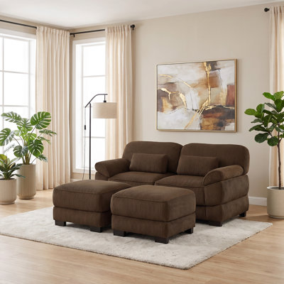 Canapé modulable 2 places avec 2 poufs, revêtement en velours côtelé pour salon, appartement