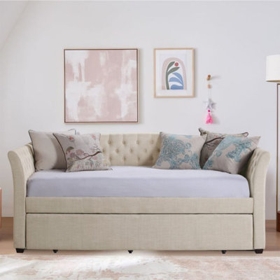 Upholstered Twin Daybed with Tufted Button, Daybed with Trundle, Sofa for Living Room, Bedroom, Guest Room, Beige, Velvet by Lark Manor