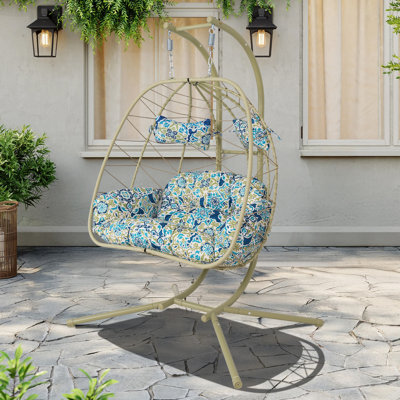 Fauteuil de balançoire pour deux personnes avec support, fauteuil suspendu en rotin de polyéthylène robuste de 660 lb avec coussin et coussin épais, fauteuil de balançoire pour l'extérieur