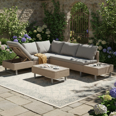 5 Seater Rattan Corner Sofa Lounge Set With Table And Cushions