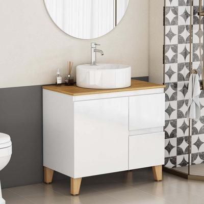 Meuble-lavabo moderne de 31,5 po avec lavabo combiné, 1 porte et 2 grands tiroirs, système de fermeture en douceur, conception sans poignée, comptoir et pieds en bois massif, lavabo rond en céramique sur le comptoir, brillant