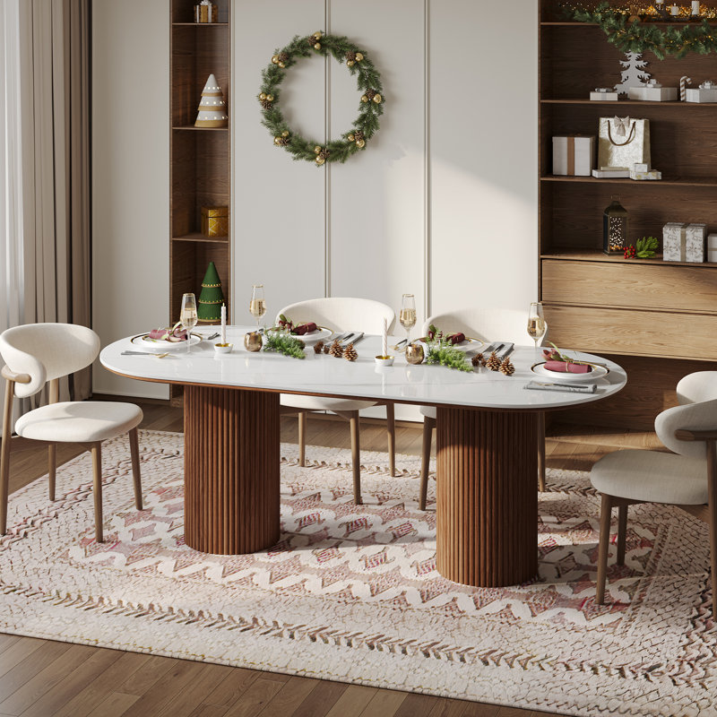 71" Modern Oval Dining Table Set With 6 Dining Chairs, Brown