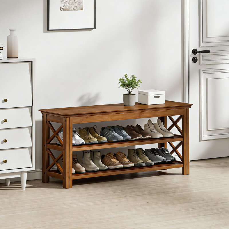 Banc de rangement à 3 niveaux pour chaussures en bambou avec rangement