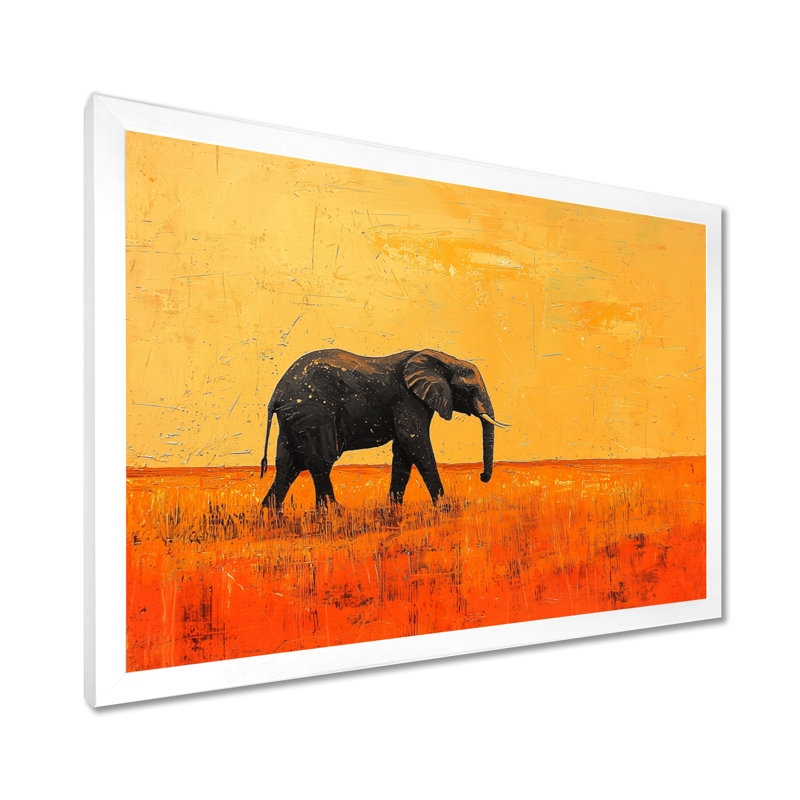 Coucher de soleil éléphant dans le désert doré II - éléphant, art mural, H 24 po x l 32 po, Avec cadre, Blanc