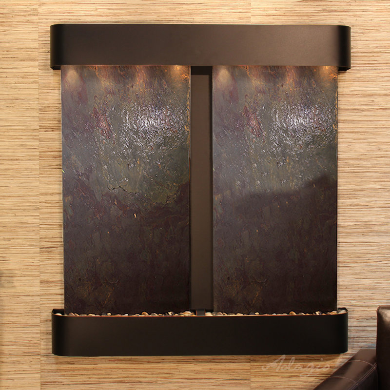 Aspen Falls Natural Stone Fountain with Light, Blackened Copper, Multi-Color Feather
