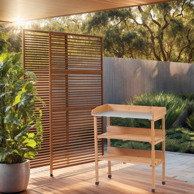Table de rempotage 30 po x 14,5 po x 35,5 po avec plateau en métal, banc de travail extérieur à 3 couches avec crochet pour le jardin, poste de travail en bois massif pour le garage