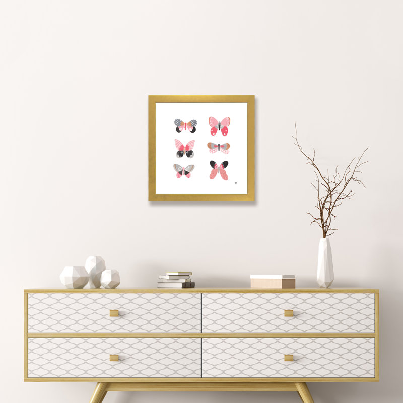 6 papillons art, H 16 po x l 16 po x P 1 po, Papier encadré doré