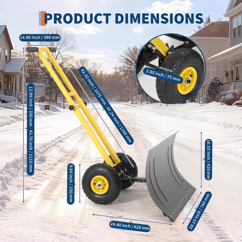 Wheeled Snow Pusher Heavy-Duty Steel Snow Shovel with Adjustable Handle and Blade, black shovel+yellow pole+yellow hub