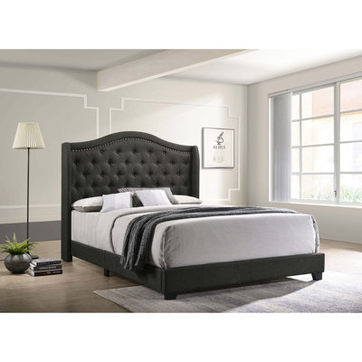 Grand lit à oreilles tapissier gris cuivré avec attrait raffiné, rembourrage confortable en tissu, style de chambre à coucher transitionnel pour grand lit, matériau de qualité, décor à dossier haut