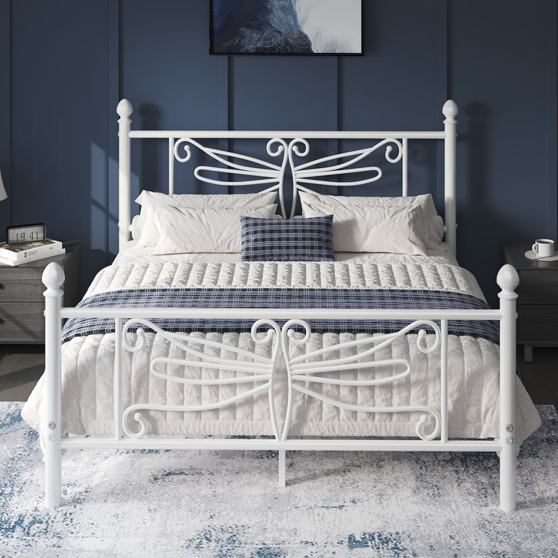Queen Elegant Metal Platform Bed with Dragonfly Headboard and Footboard, Sturdy and Stable Structure & Under-bed Storage, Easy Assembly, White