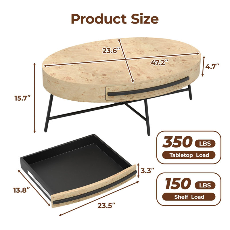 Table basse ovale avec tiroir Mid-Century, Naturel