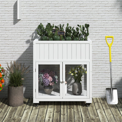 Mini cadre froid en bois, serre compacte à 2 portes avec roues, lit surélevé avec doublure pour l'intérieur et l'extérieur, blanc