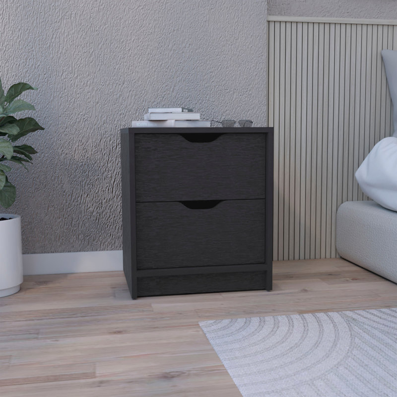 Double Drawer Nightstand 19"H, Bedside Table, Black, Black