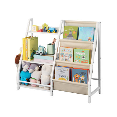 3-Tier Kids Bookshelf with Sling Storage - White Metal Toy Organizer & Reading Rack for Nursery