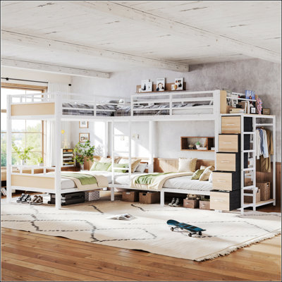 Quad Twin Metal Bunk Bed with Storage Drawers, 4 Twin Bed Frame with Built-in Wardrobe and Open Shelves, Metal Bed with Non-Woven Fabric Drawers, Black