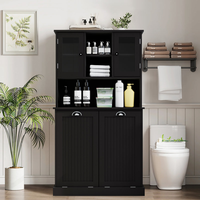 59.6" Tall Bathroom Cabinet with Double Tilt-Out Laundry Hampers and Adjustable Shelves, Satin Black