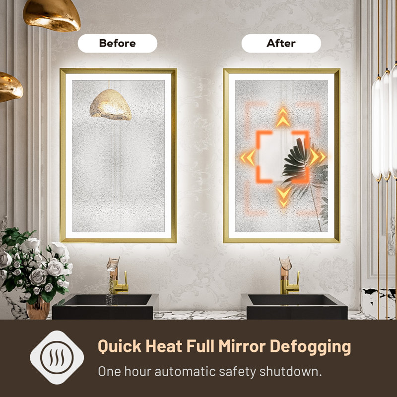 New Rockford Frontlit & Backlit LED Bathroom Vanity Mirror, Rectangle, Gold, 36" x 24"