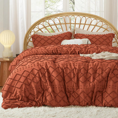 California King Comforter Set - Terracotta Comforter, Boho Tufted Shabby Chic Bedding Comforter Set, 3 Pieces Farmhouse Bed Set For All Seasons, Fluffy Soft Bedding Set With 2 Pillow Shams