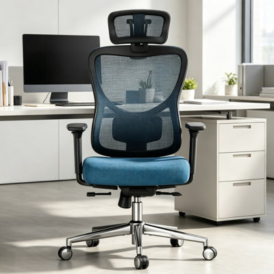 Chaise de bureau ergonomique en maille, avec soutien lombaire et appui-tête réglables, accoudoirs 3D, chaise d'ordinateur pivotante et inclinable pour le bureau à domicile ou les études, noir et bleu marine