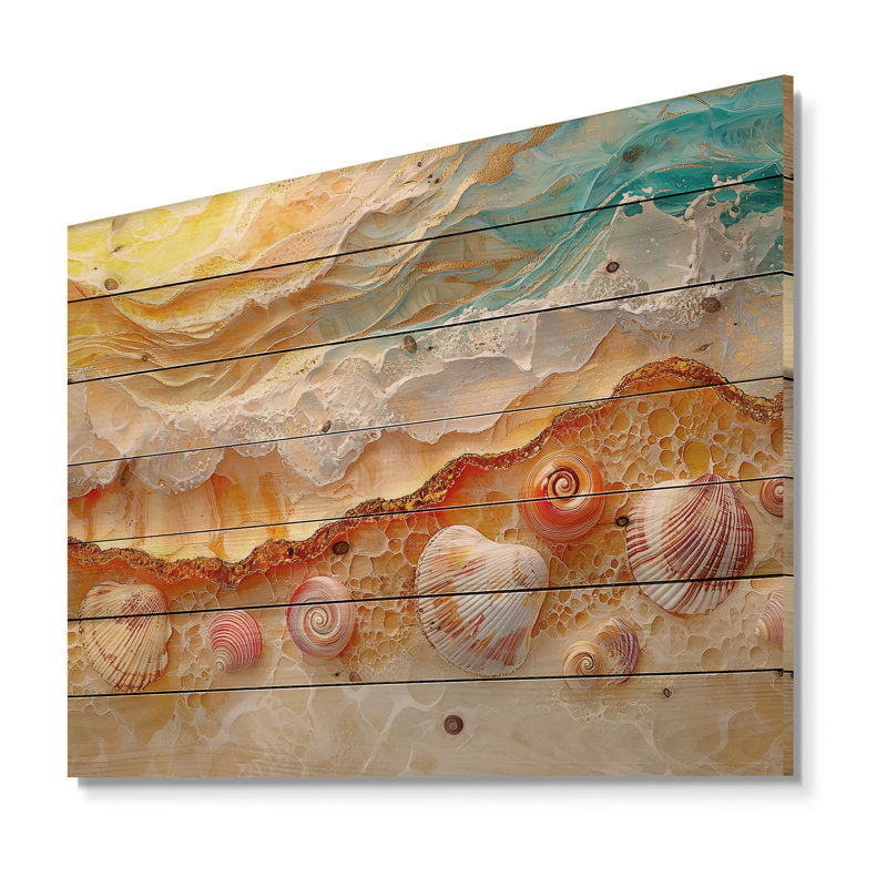 Abstrait coquillages et plage vue aérienne I - décoration murale en bois côtier - sur bois de pin naturel
