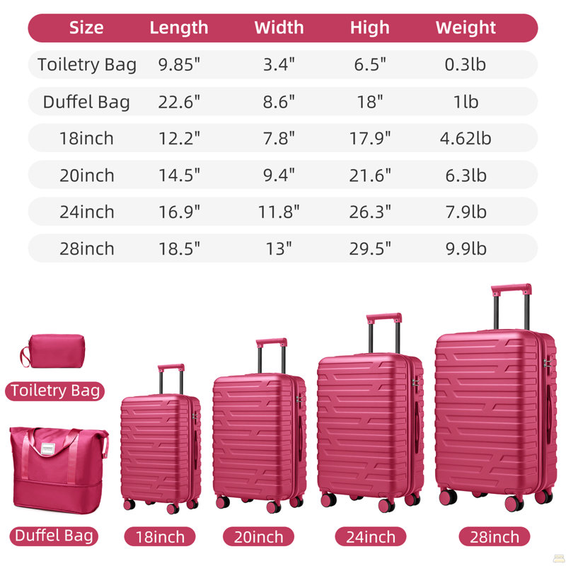 Ensemble de 6 valises avec sacs de voyage, valises rigides extensibles avec roulettes TSA Lock, rose rouge