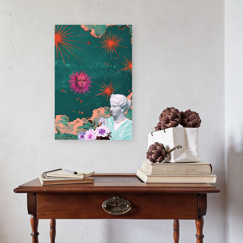 Affiche murale représentant une déesse du soleil dans un paysage floral céleste, onirique et mystique., 24" H x 16" W