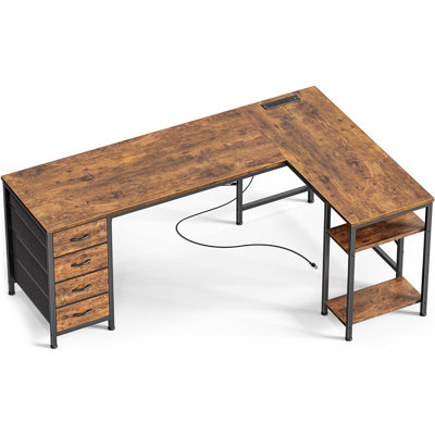 Bureau en forme de L de 55 pouces avec tiroirs en tissu, bureau de jeu d'ordinateur réversible avec prises de courant et port USB-C, tablettes de rangement latérales réglables, bureau de travail en coin, noir