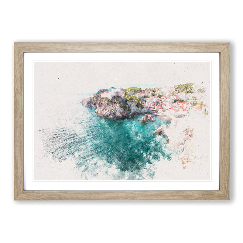 Walls Of Dubrovnik In Croatia Watercolour - Framed Print, Oak, 62cm H x 87cm W x 2cm D