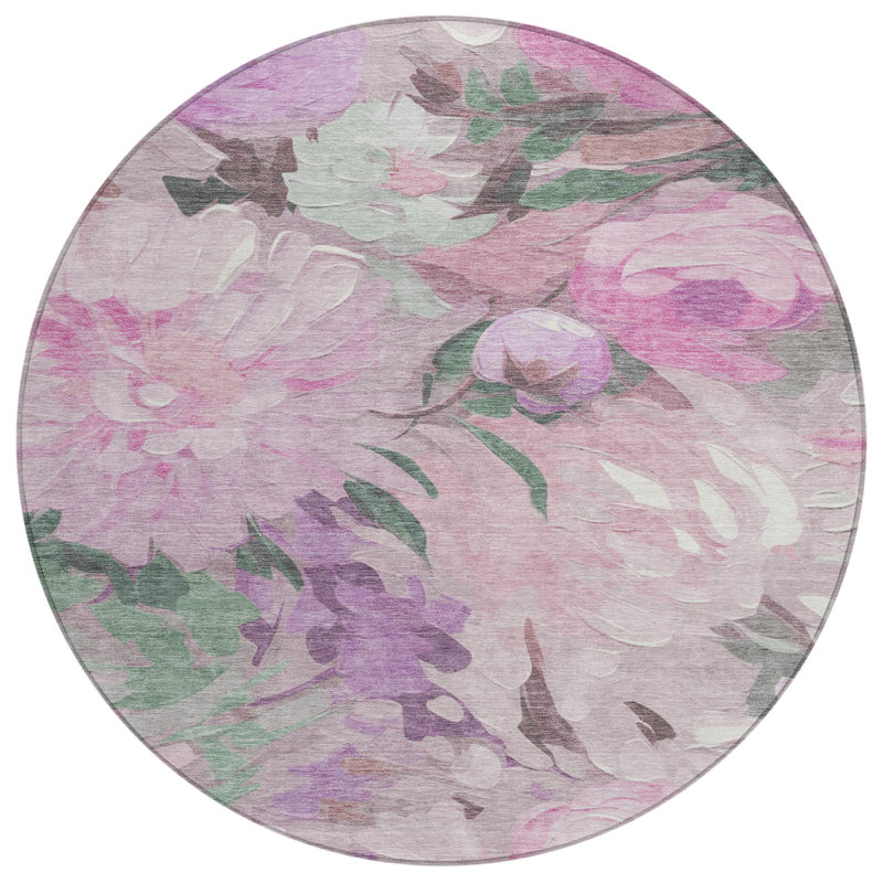 Machine Washable Indoor/Outdoor Huseby ACN2264 Floral Rug, Round 8'