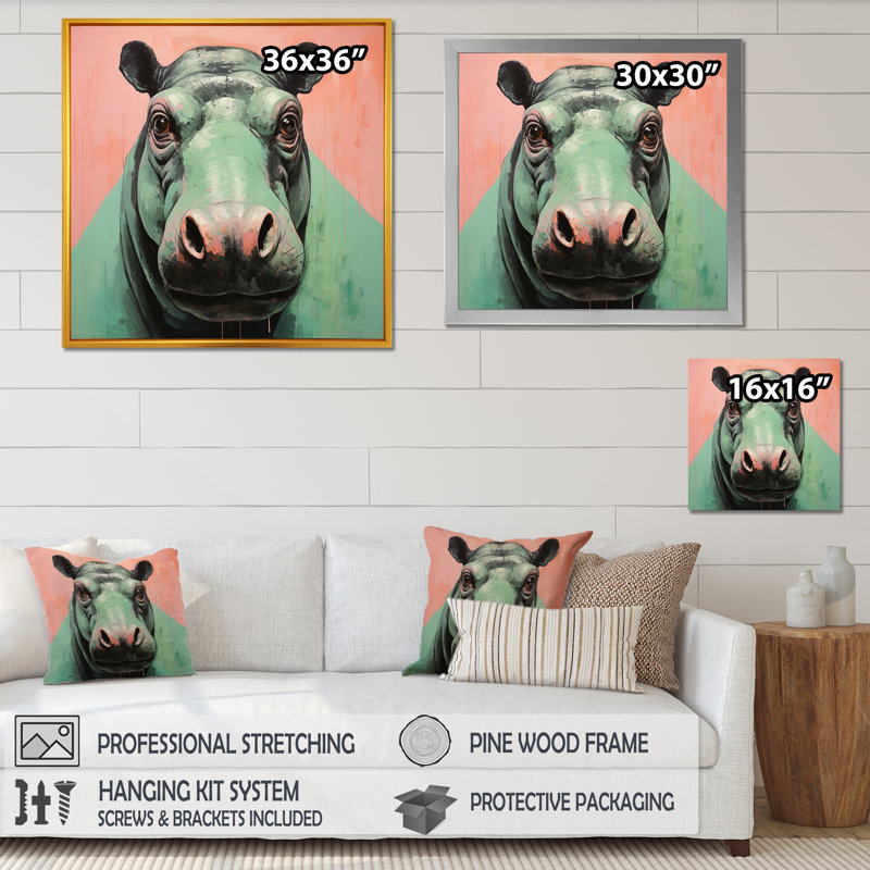 Portrait coloré d'hippopotame - art mural hippopotame, Cadre flottant noir, H 36 po x l 36 po x P 1,5 po