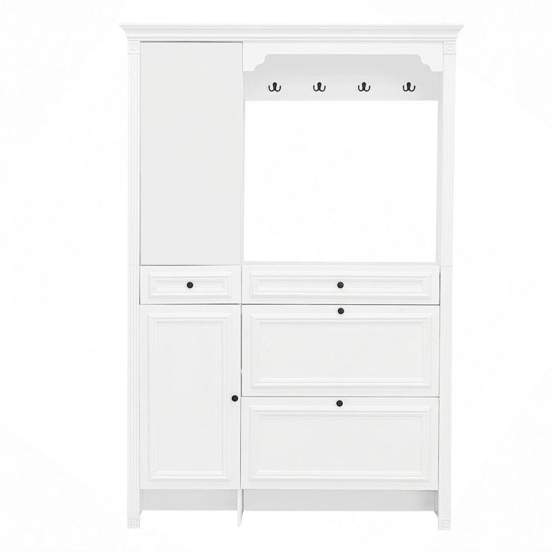 54.7'' Hall Tree With Integrated Shoe Cabinet, Mirrored Door, Coat Hanger, And Entryway Bench, 4-In-1 Design, 2 Flip Drawers, 4 Hooks, And 2 Cabinets For Entrance And Living Room