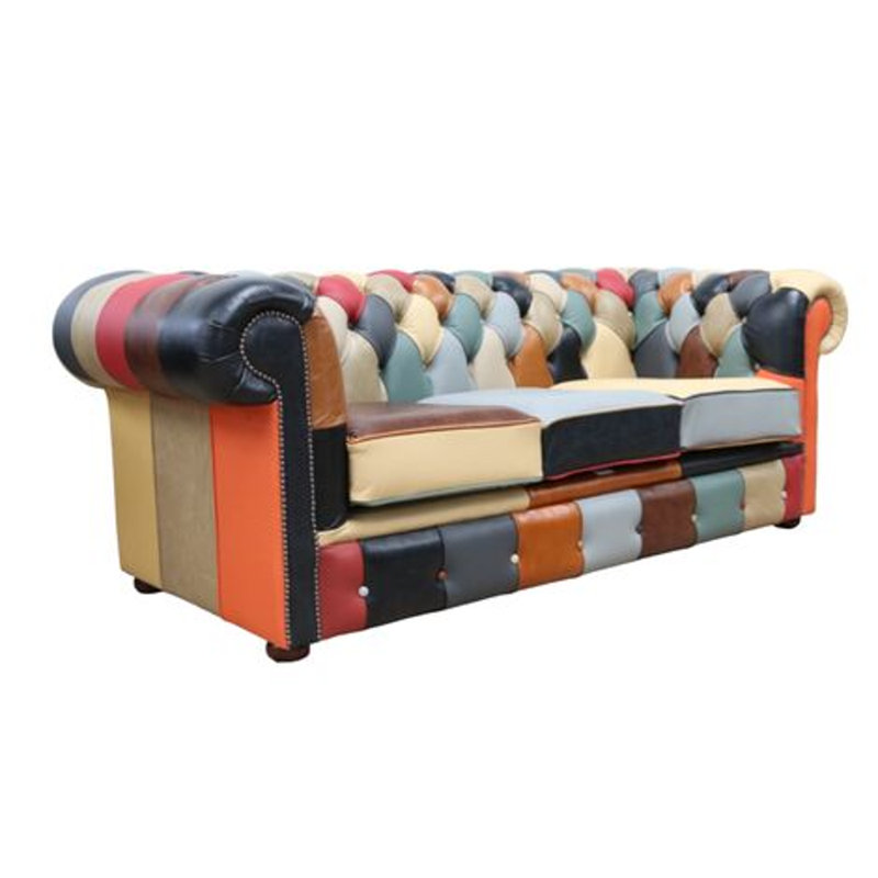 3 Seater Genuine Leather Sofa, Beige/Orange
