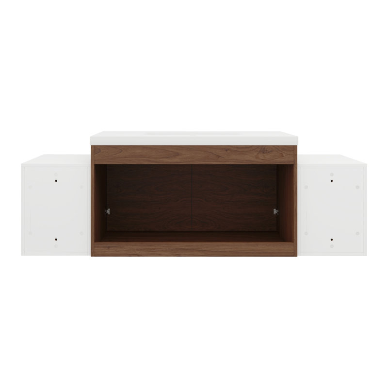 Ensemble de meuble-lavabo mural 60 po avec lavabo de comptoir en résine et 2 tablettes de rangement, 2 portes à fermeture douce (KD-Packing)