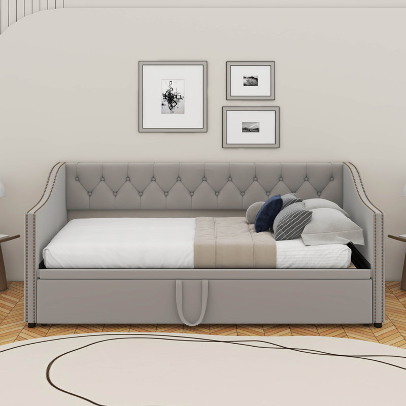 Twin Size Upholstered Daybed With Pop Up Trundle, Gray