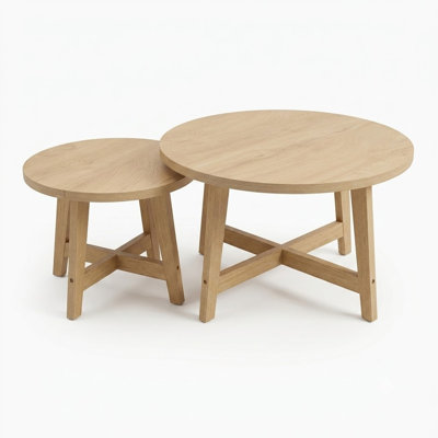 Set of 2 Round Nesting Coffee Tables, X‑Shaped Frame Stackable End Tables, Natural Wood Finish Modern Side Tables for Living Room Bedroom Balcony, Space‑Saving High Density Board Accent Furniture