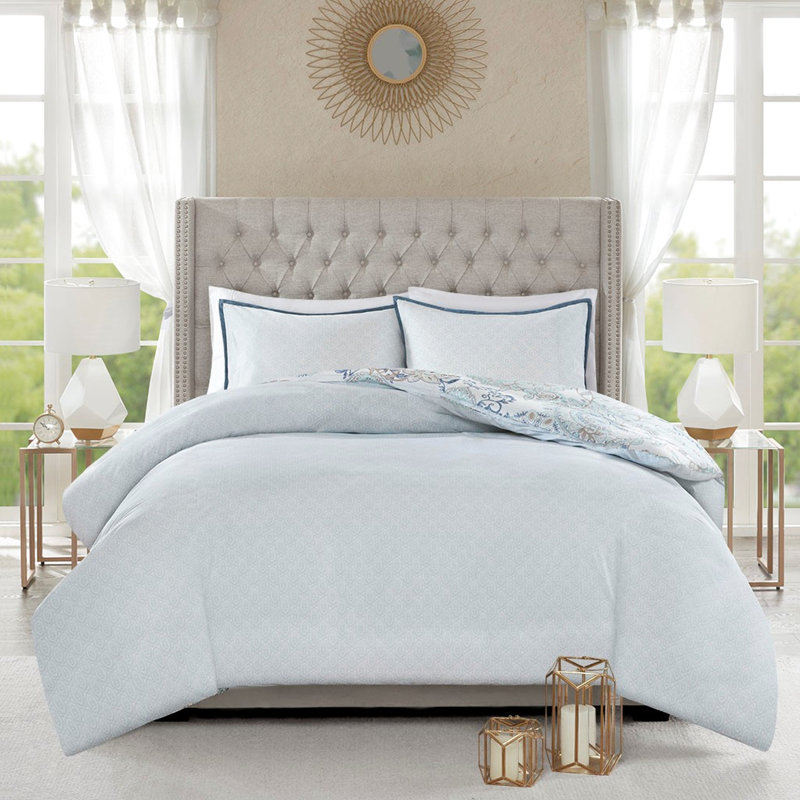 Housse de couette réversible très grand / très grand - imprimé botanique, motif en médaillon, revers bicolore, fermeture à boutons, literie réversible facile à nettoyer, motif inversé complémentaire,