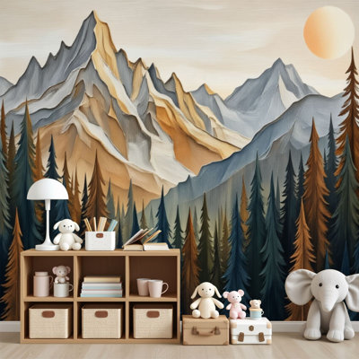 Papier peint auto-adhésif Montagne, arbres de pin rustiques, Boho Ridge, paysage, soleil naturel, peintures murales, H 69 po x l 96 po, papier peint amovible en PVC, adhésif pour chambre à coucher, salon, bureau à domicile